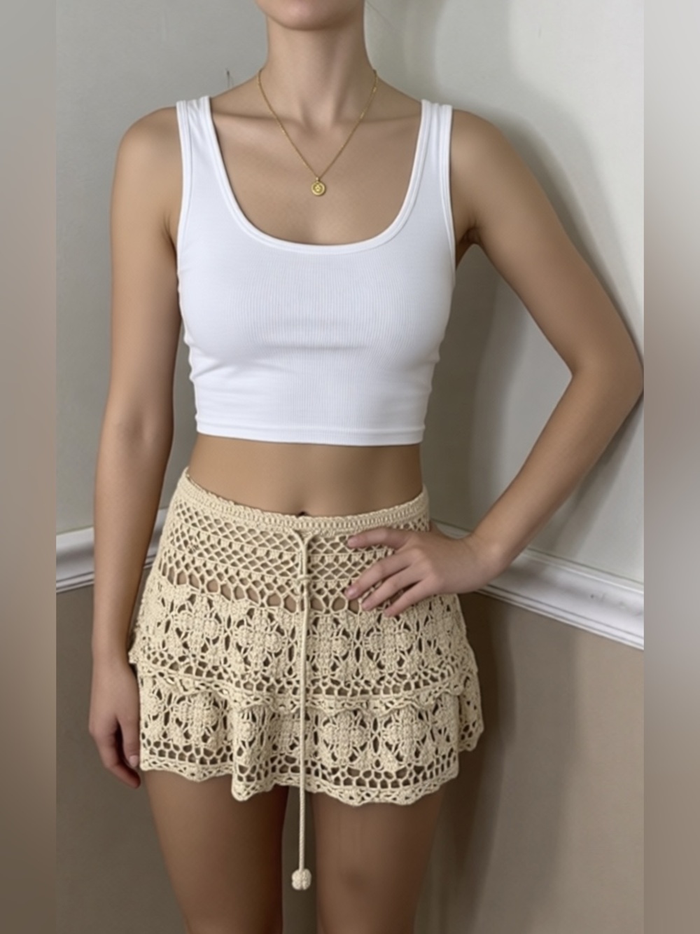 💚 5 for $25! Elan Cream Crochet Drawstring Mini Skirt